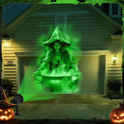 Witch pattern projected on a garage door at night