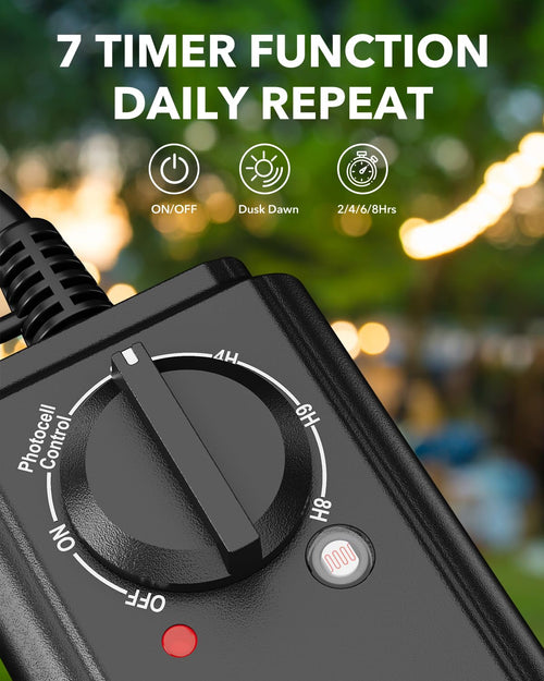 Timer dial: on, off, dusk to dawn, or 2 to 8 hours